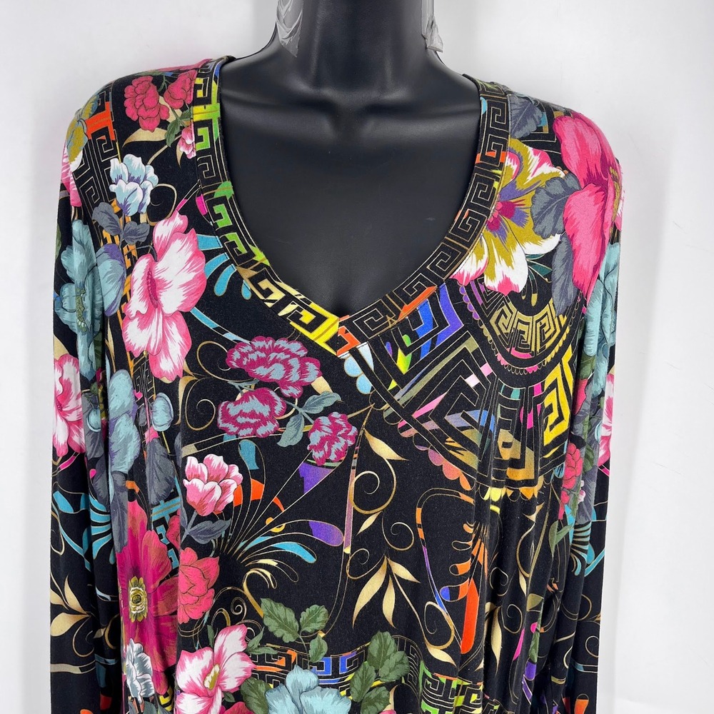 Johnny Was Women's Floral Greek Key Bamboo V-Neck Long Sleeve Top T11821 Size L - Picture 3 of 10
